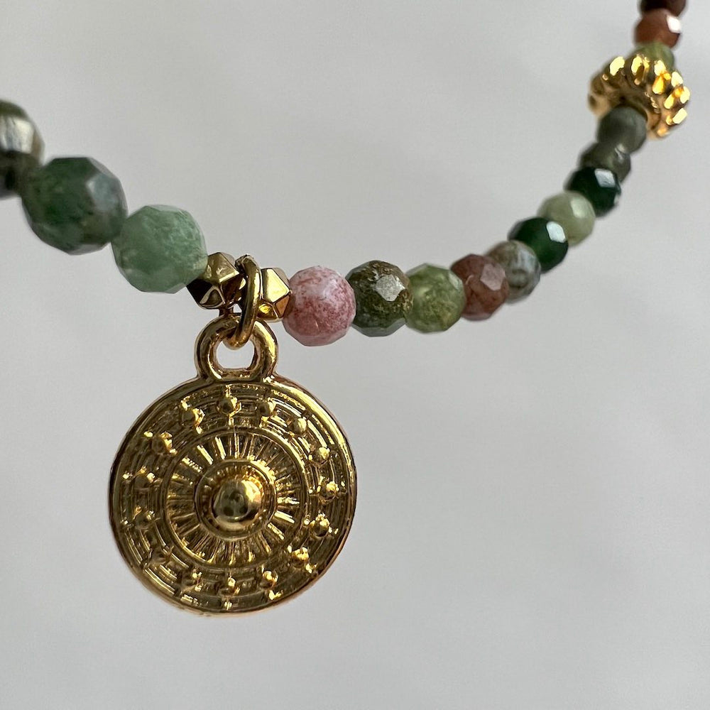 Protection Necklace with Indian agate gemstone beads and a golden shield