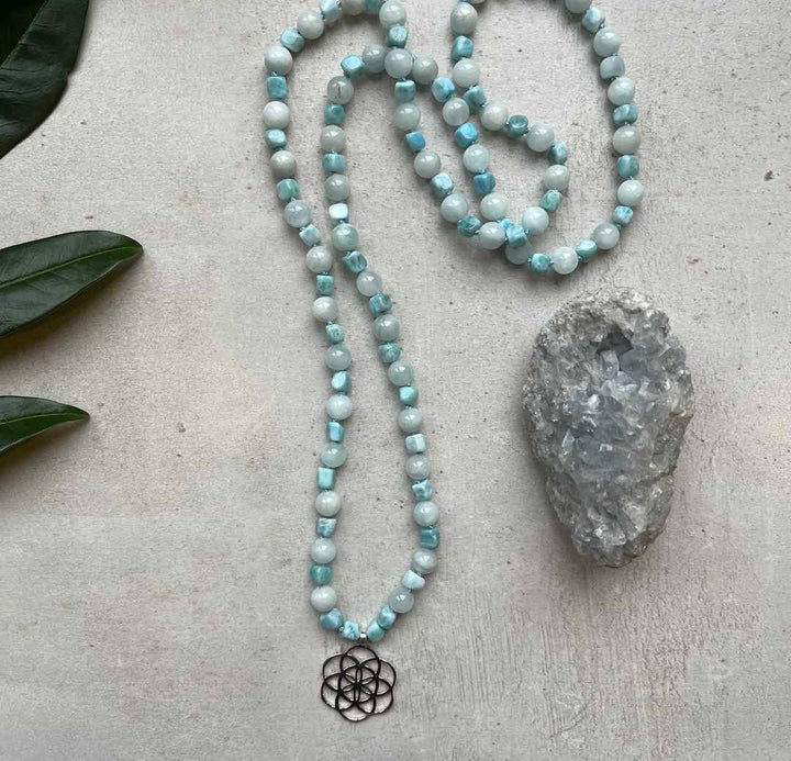 Blue Aquamarine and Larimar gemstone Mala with Silver Flower of Life pendant