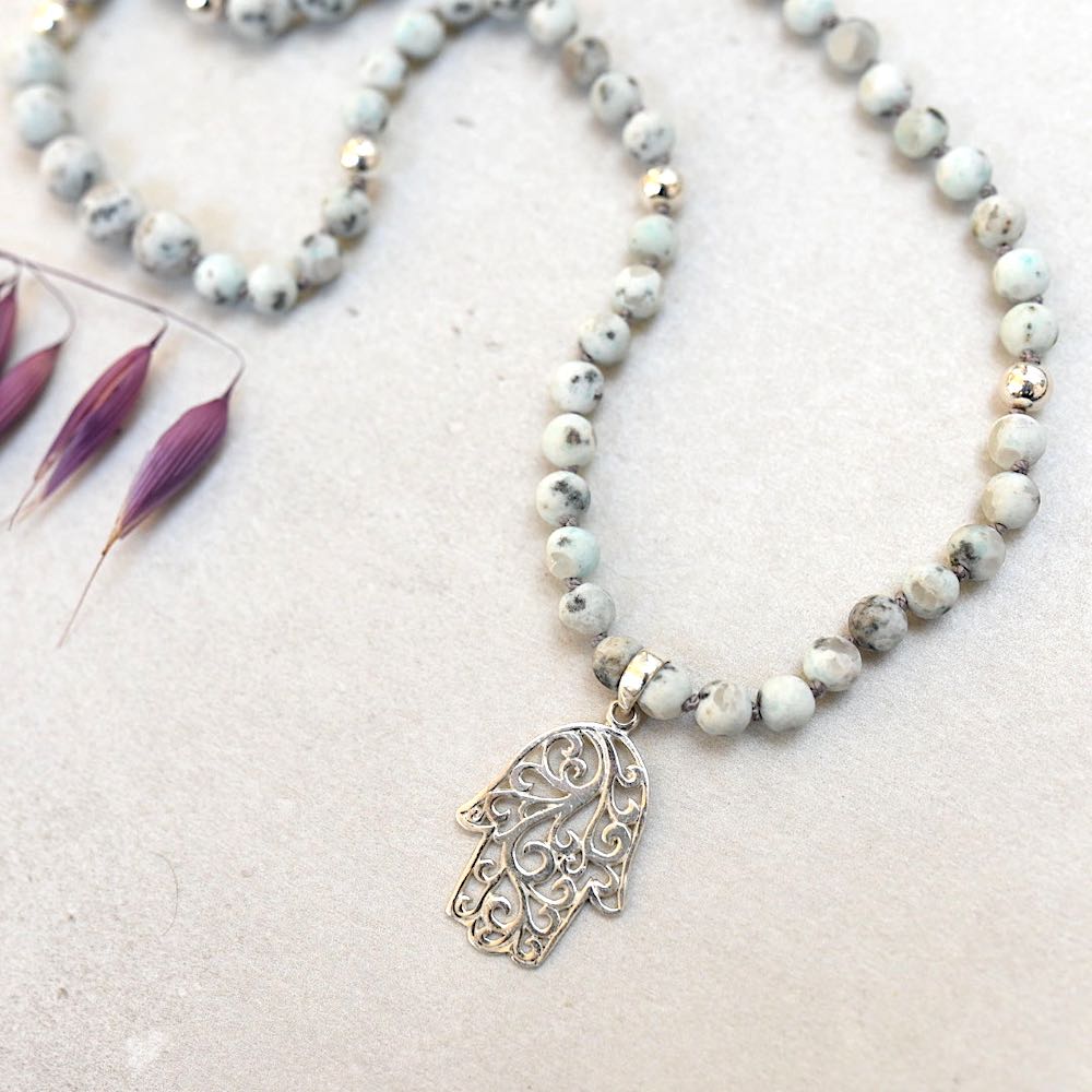 Silver Hamsa Gemstone Mala with 108 Brushed Kiwi Jasper Beads - Handmade with 108 Mala Beads by Manipura