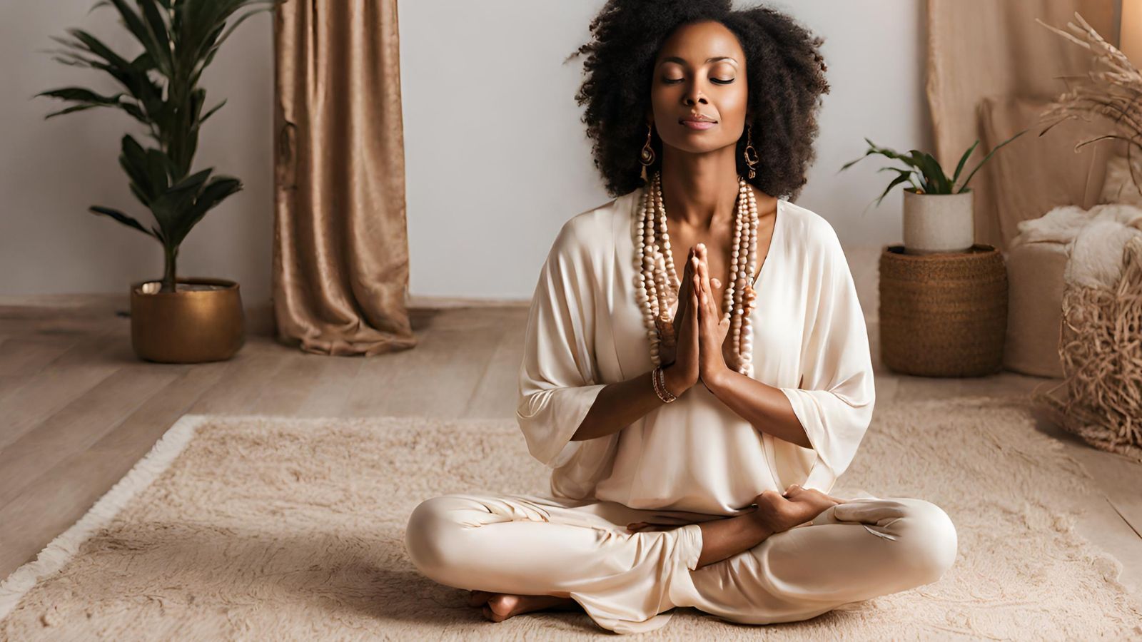 Lady meditating with a mala beads necklace