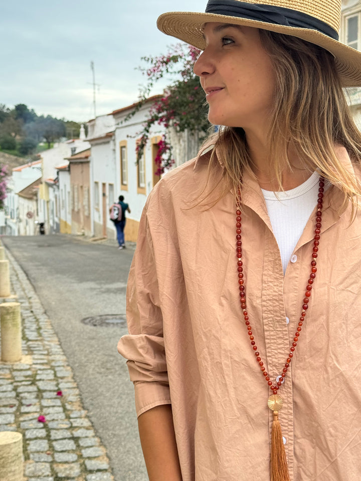 Carnelian & Gold Gemstone Mala with 108 Carnelian beads