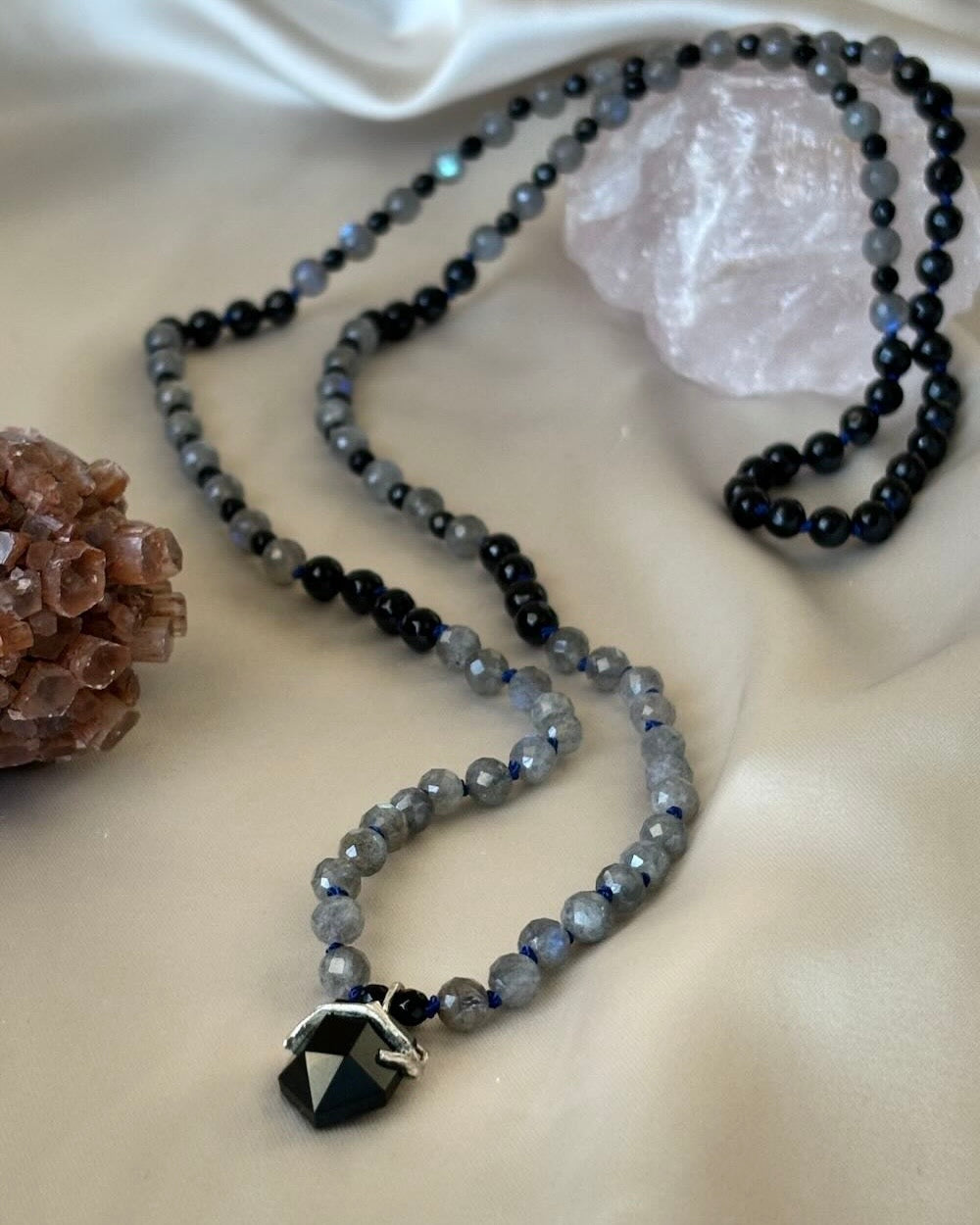 Onyx and Labradorite gemstone mala beads necklace