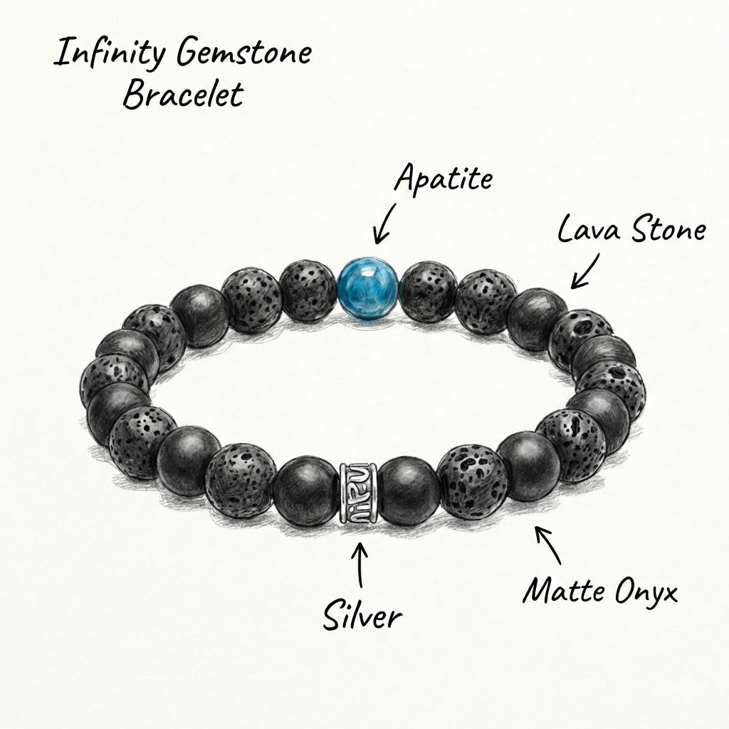 Infinity Gemstone Bracelet with Onyx, Lava & Apatite Beads