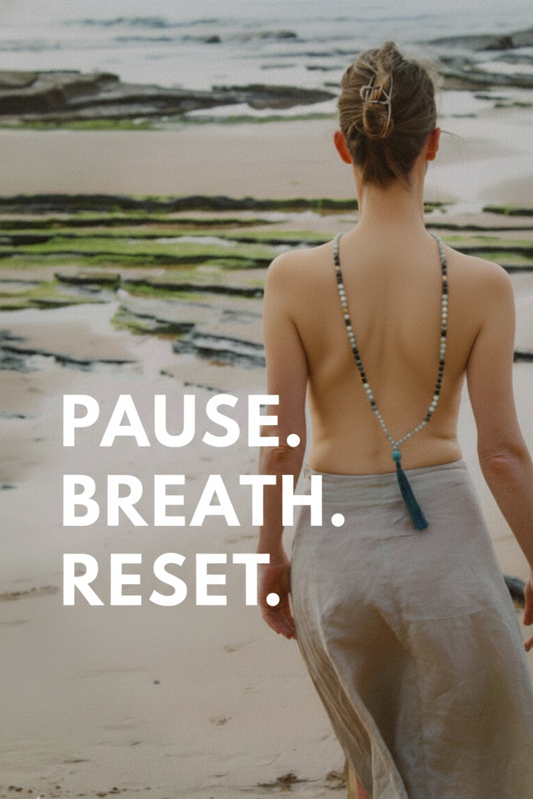 Mala beads necklace hanging on the back of a beautiful lady