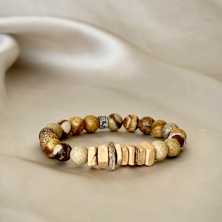 Gemstone Bracelet with Wooden chips and Picture Jasper