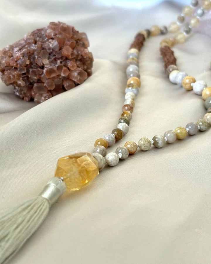 Gemstone Mala with Citrine, Sacred Rudraksha and Jasper beads