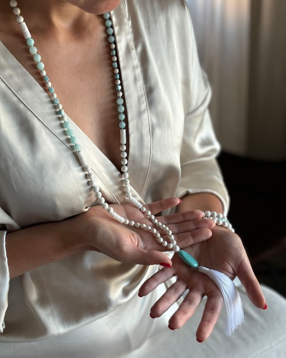 white and blue mala beads necklace 