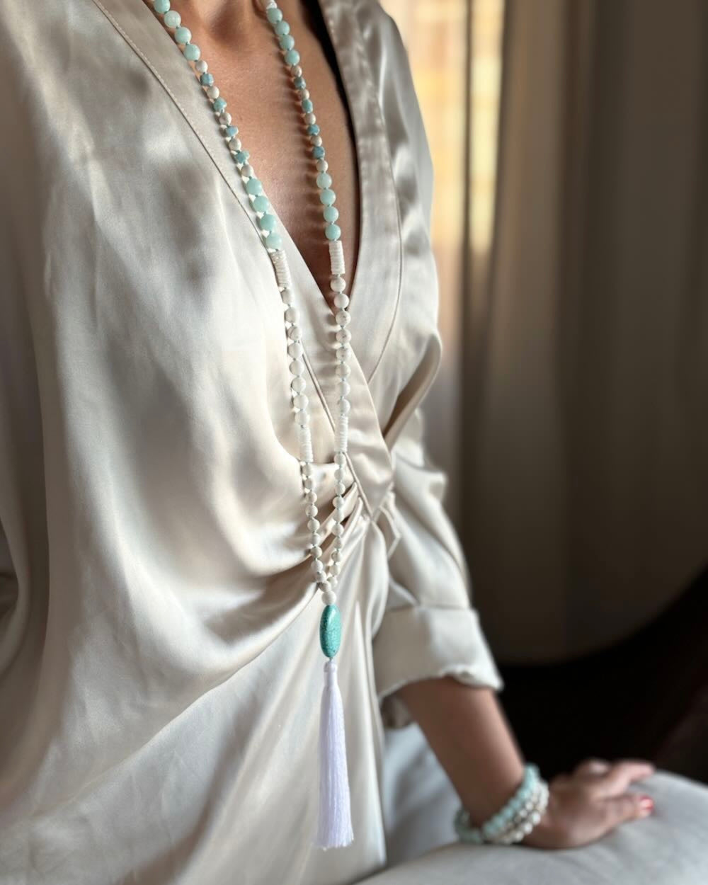 Amazonite and White jade gemstone mala