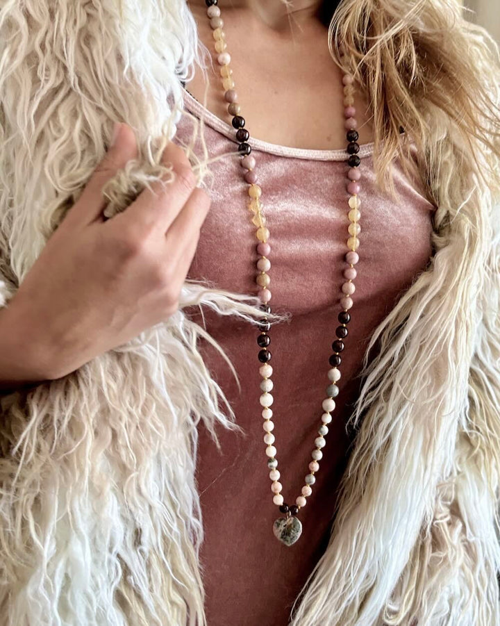 Gemstone mala beads necklace with Garnet, Citrine and Jasper