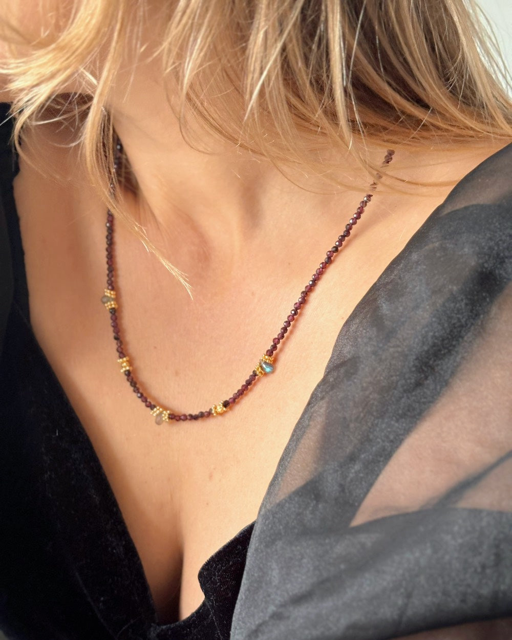Garnet and labradorite gemstone necklace
