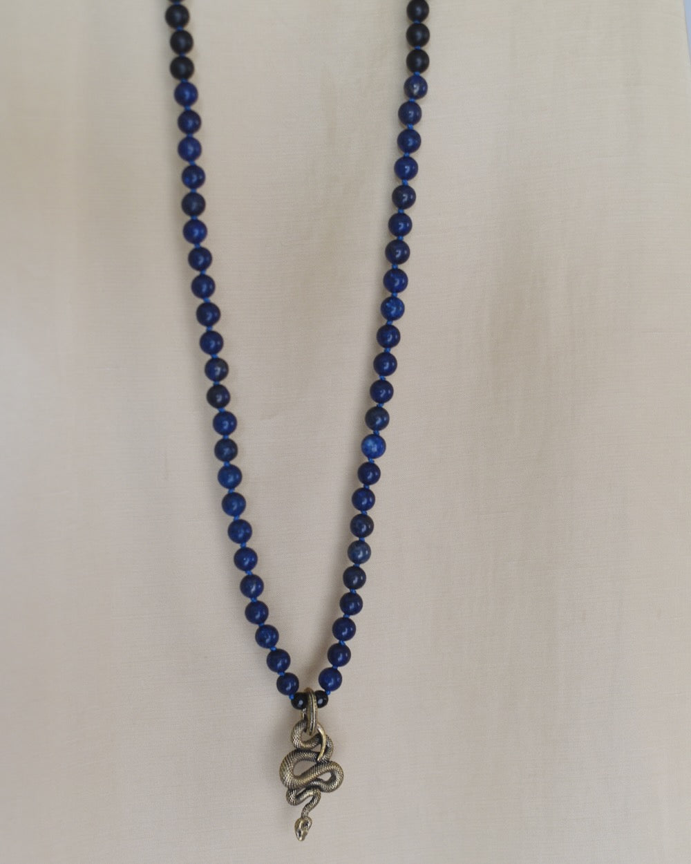 Handmade Gemstone Mala beads necklace with black onyx and blue lapis lazuli and a serpent pendant