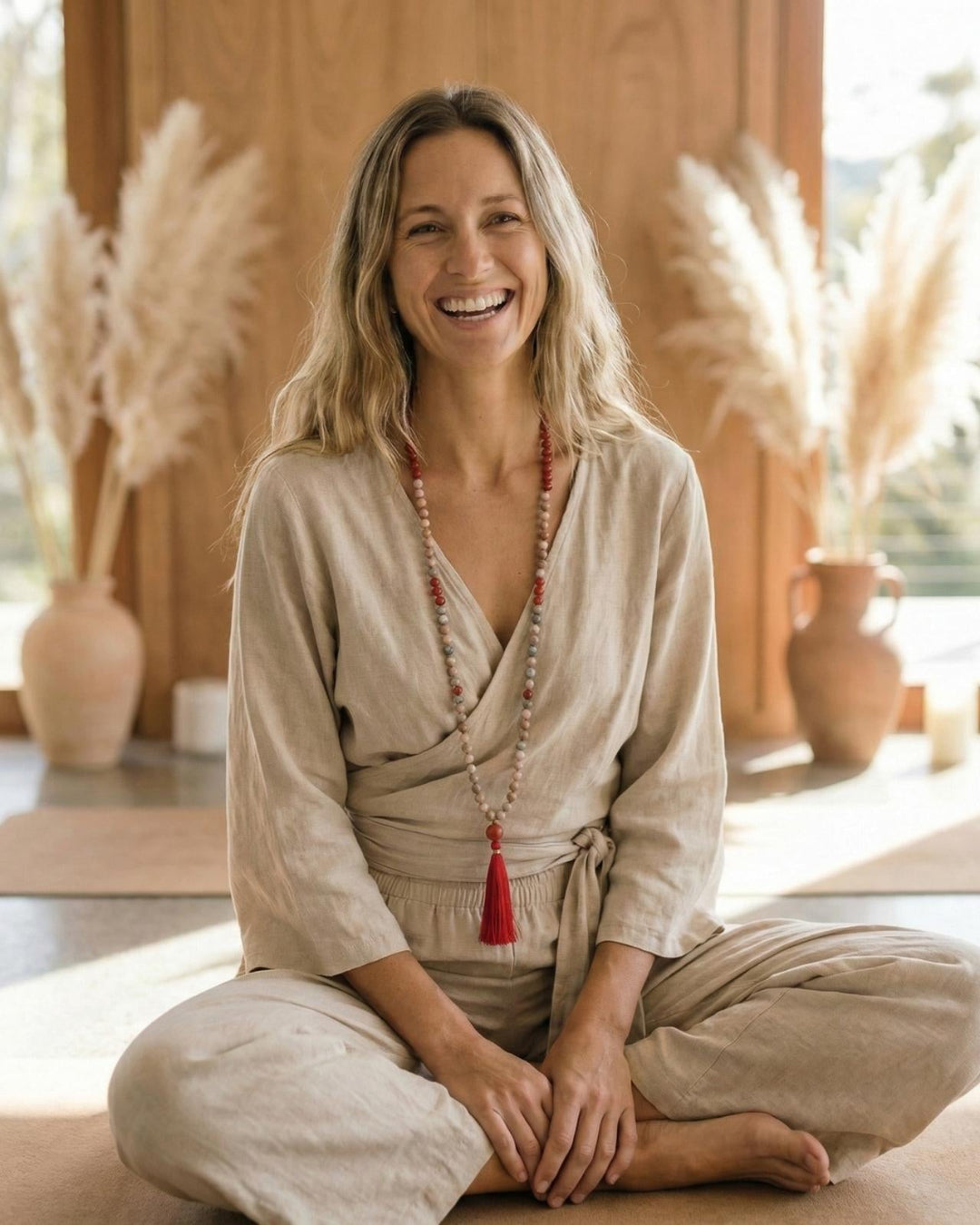 Woman sitting cross-legged in a natural setting with pampas grass and wooden elements.