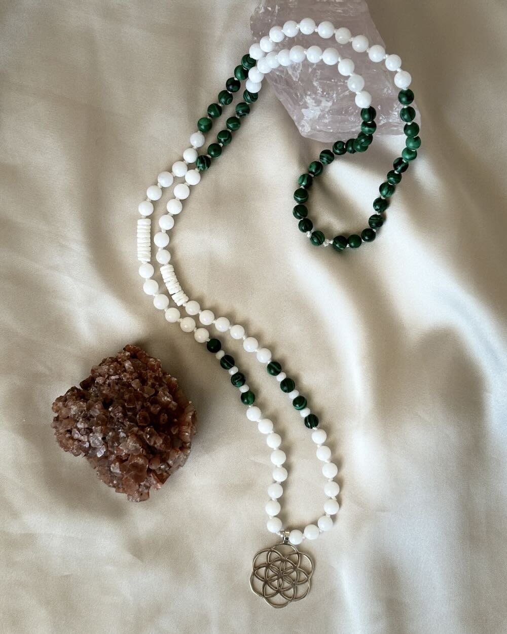 Seeds of life Gemstone Mala with White Jade and Malachite beads