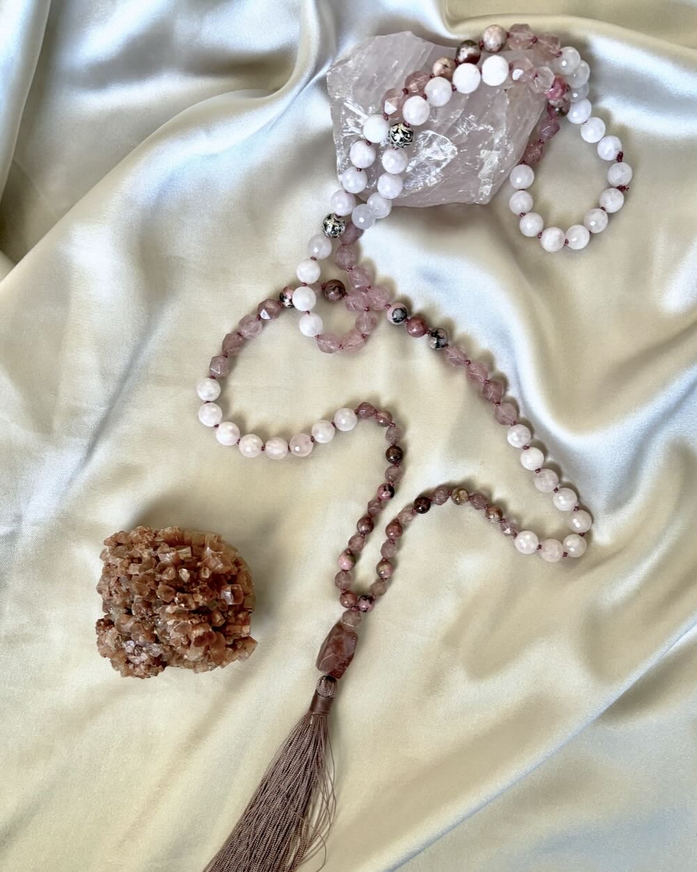 So this is Love Gemstone Mala with Rose Quartz, Pink Rhodochrosite and Strawberry Quartz beads