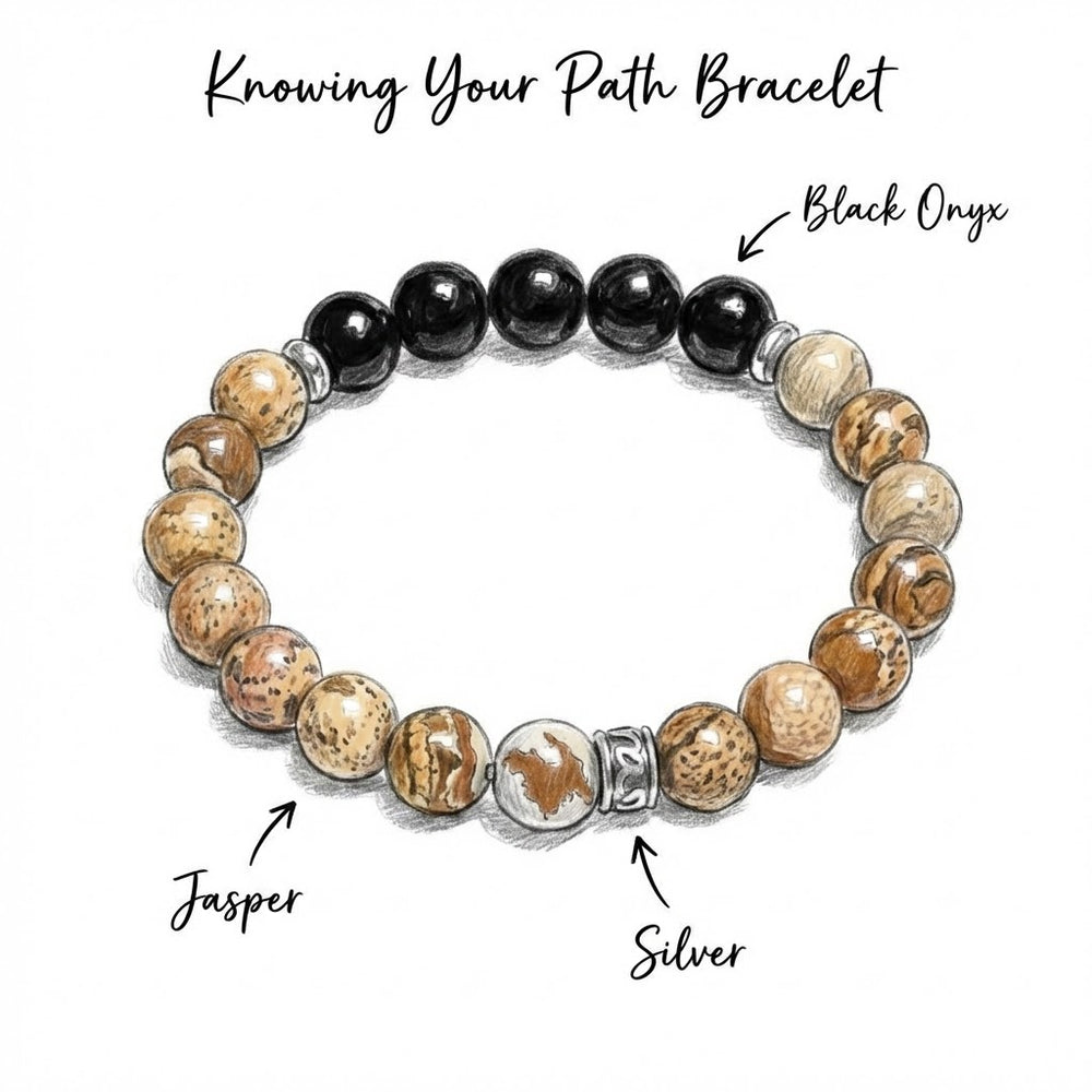 Bracelet with black onyx, jasper, and silver beads on a white background