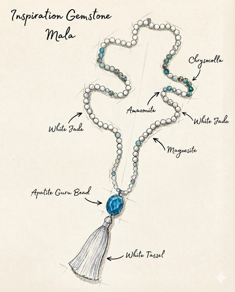 Illustration of a beaded necklace with gemstone names and a white tassel on a beige background.