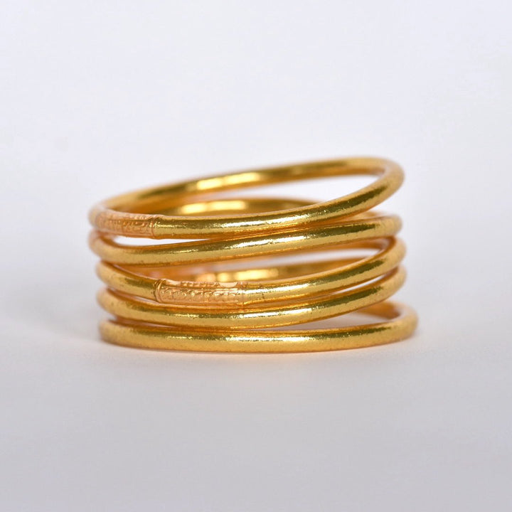 Gold leaf Temple Buddhist Bangles with Love and Lack Mantra - Stack of 5 in Thick Gold 