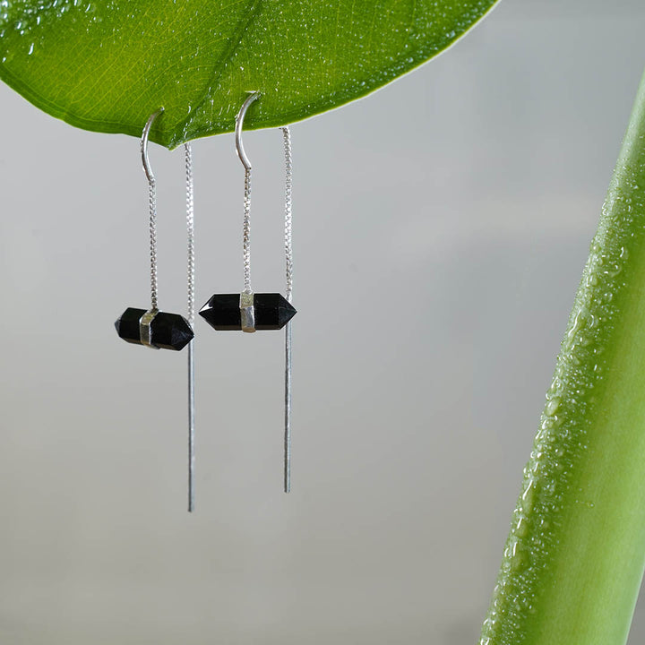Black Obsidian Silver Earrings handmade with Double Terminated Crystal on a leaf