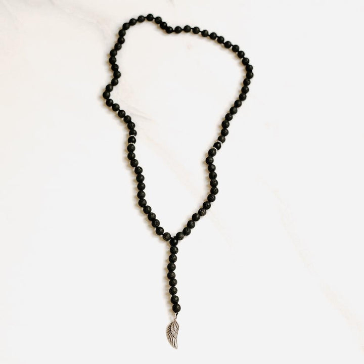 Black Lava Tie Mala with Silver Wing Pendant - Handmade with 108 Mala Beads by Manipura