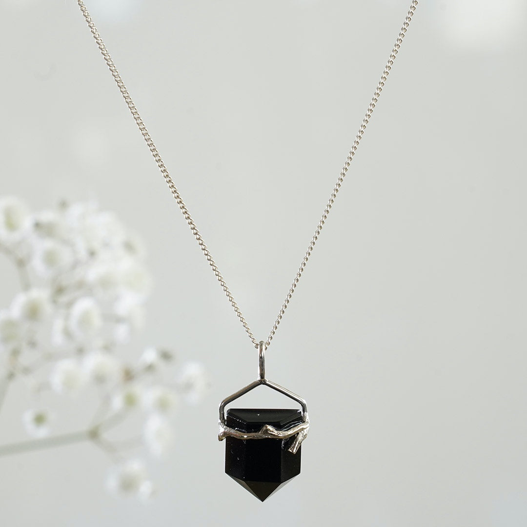 Collier en argent obsidienne fait à la main avec cristal à double