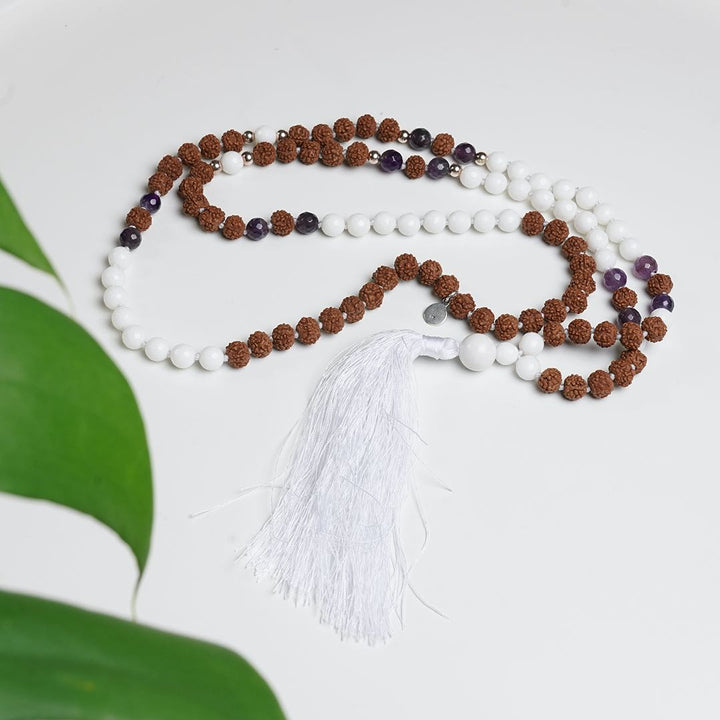Blissful Warrior Mala with Rudraksha, White Agate and Amethyst Beads