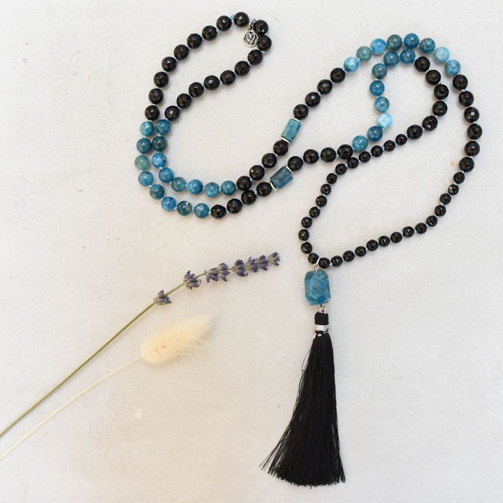 Blue Apatite Gemstone Mala with 108 beads of Apatite and Onyx - Handmade with 108 Mala Beads by Manipura