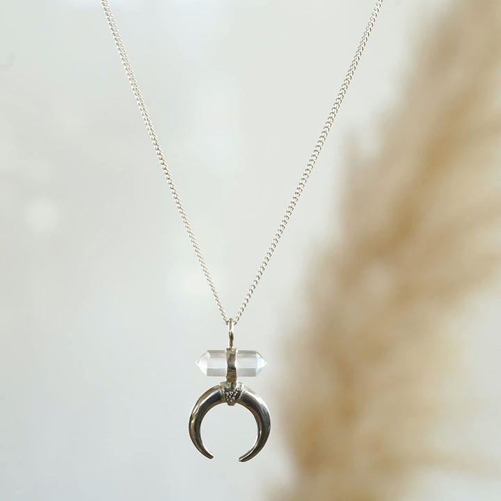 True Balance Moon Crescent Necklace with Clear Quartz & Sterling Silver