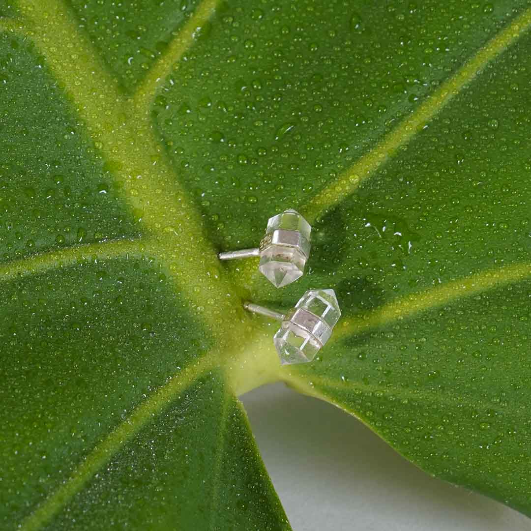 Unity Studs Earrings in Silver and Double-Terminated Clear Quartz Crystal on a green leaf