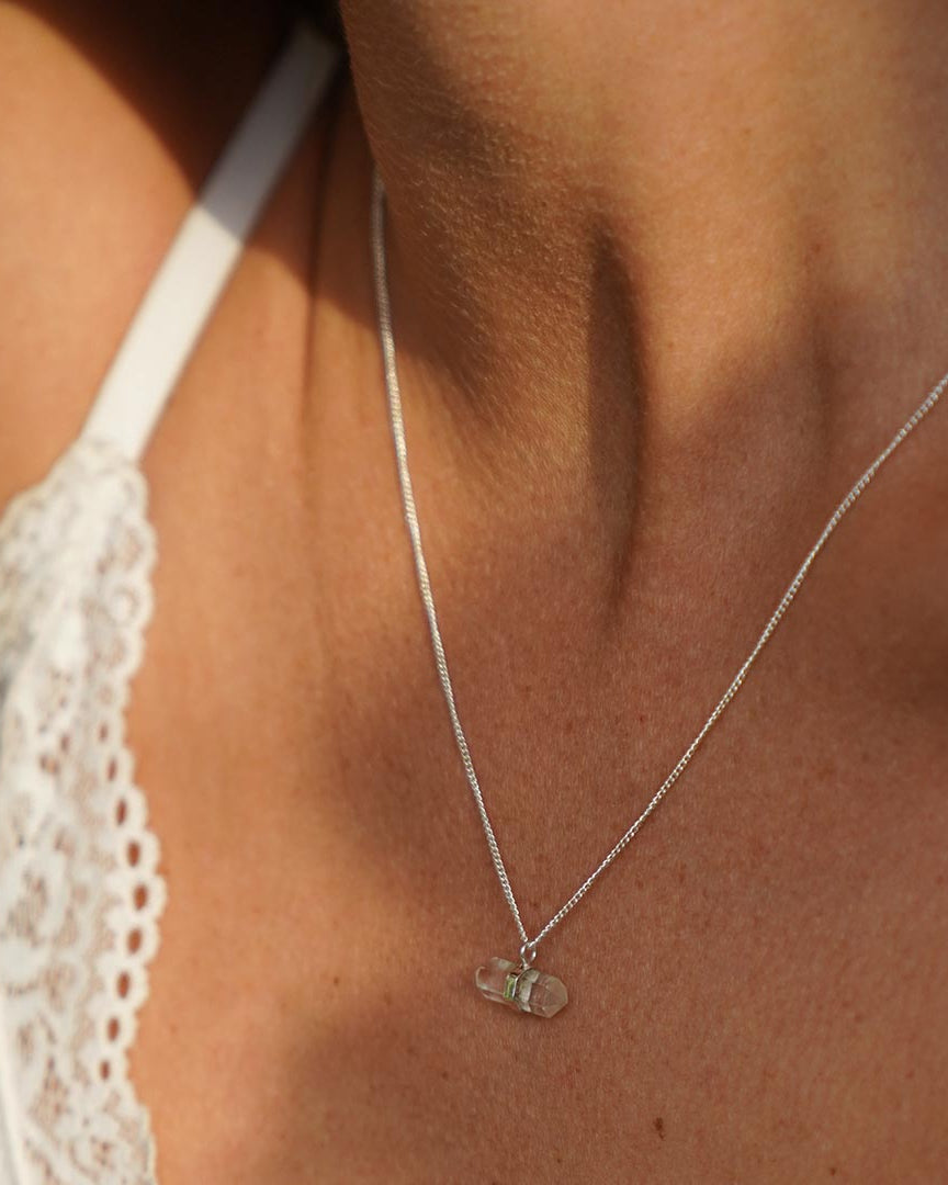 A delicate elegant natural Clear Quartz Silver Necklace with Double Terminated Crystal