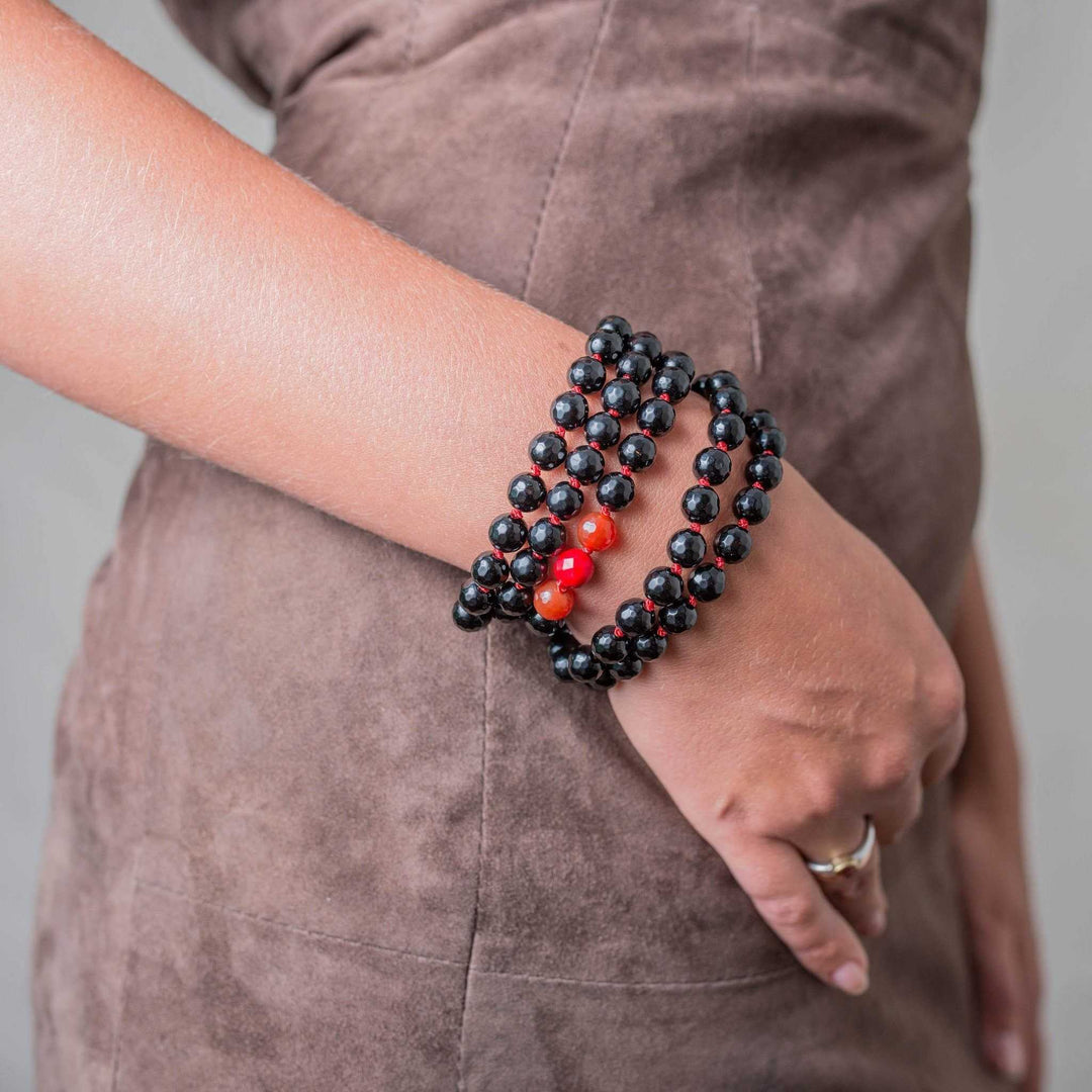 Earth connection Gemstone Mala with Black Onyx and Red Coral Beads