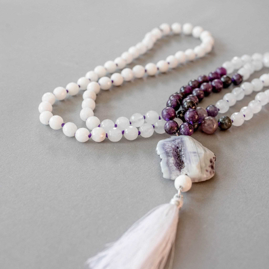 Clarity Gemstone Mala with White Jade, Amethyst and Agate Beads
