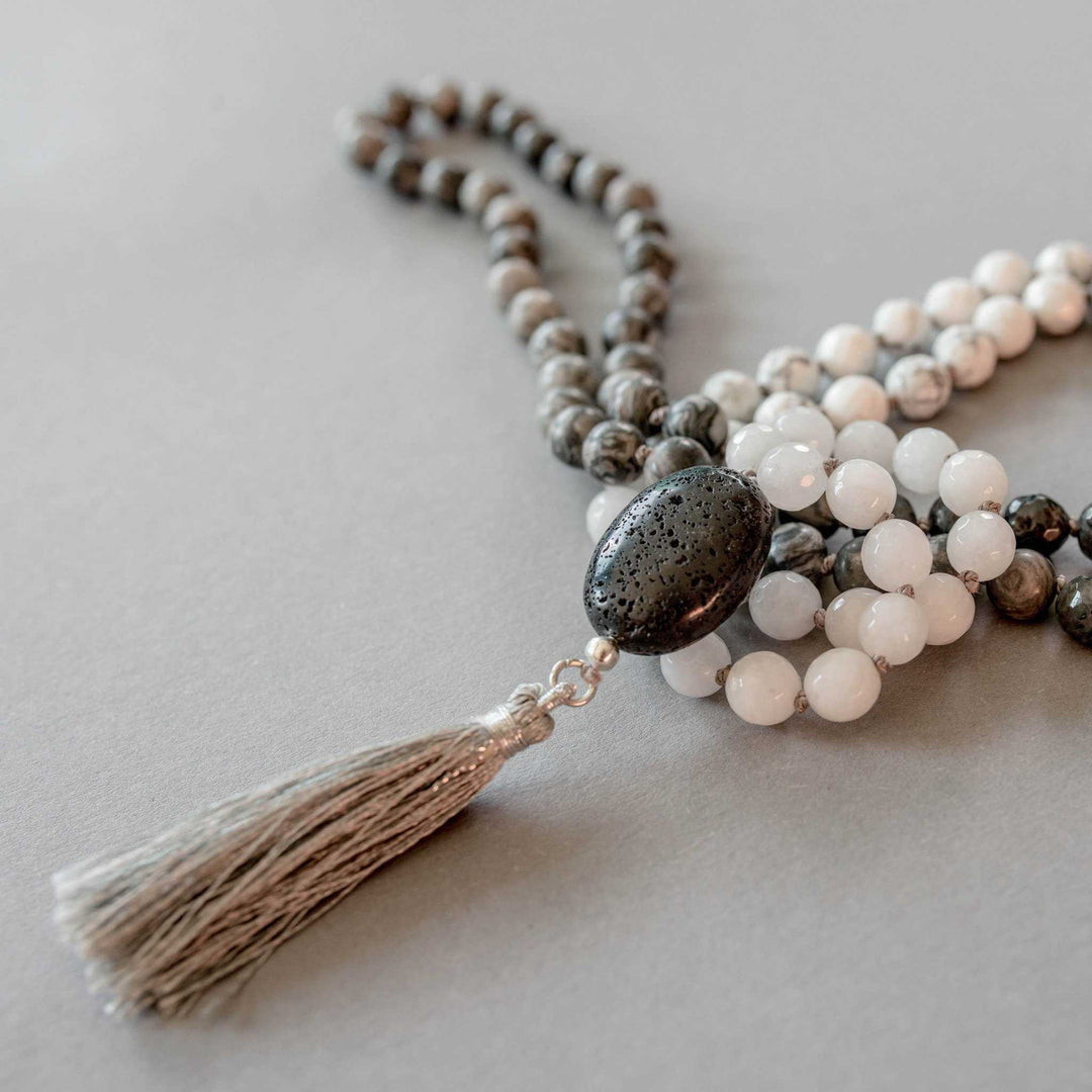 Emotional Stability Gemstone Mala Handmade with Jade, Howlite and Larvikite Beads