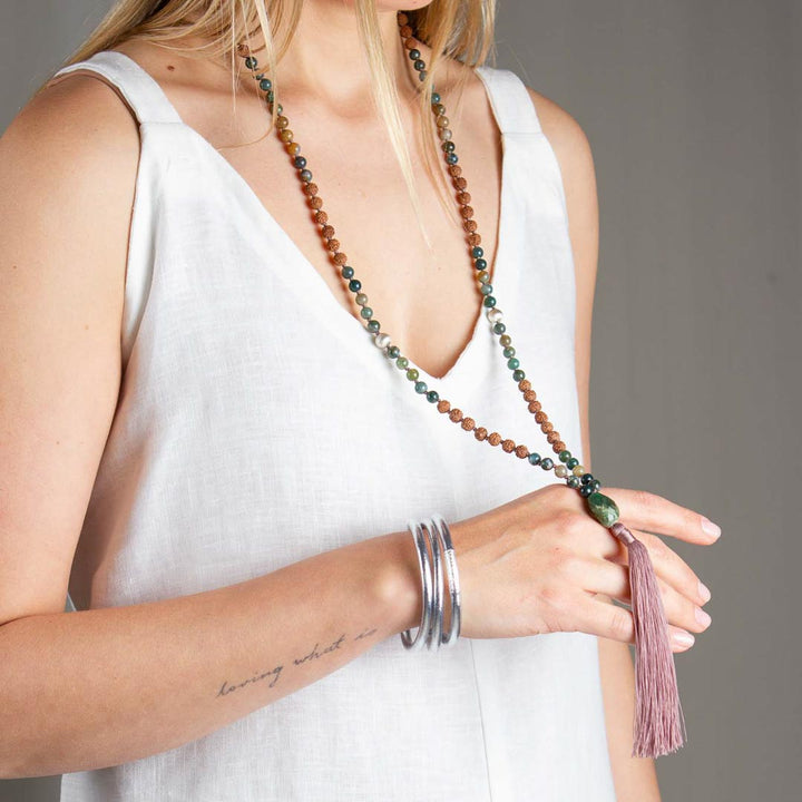 Green Vibrations Mala with Rudraksha beads, Green Agate and Silver