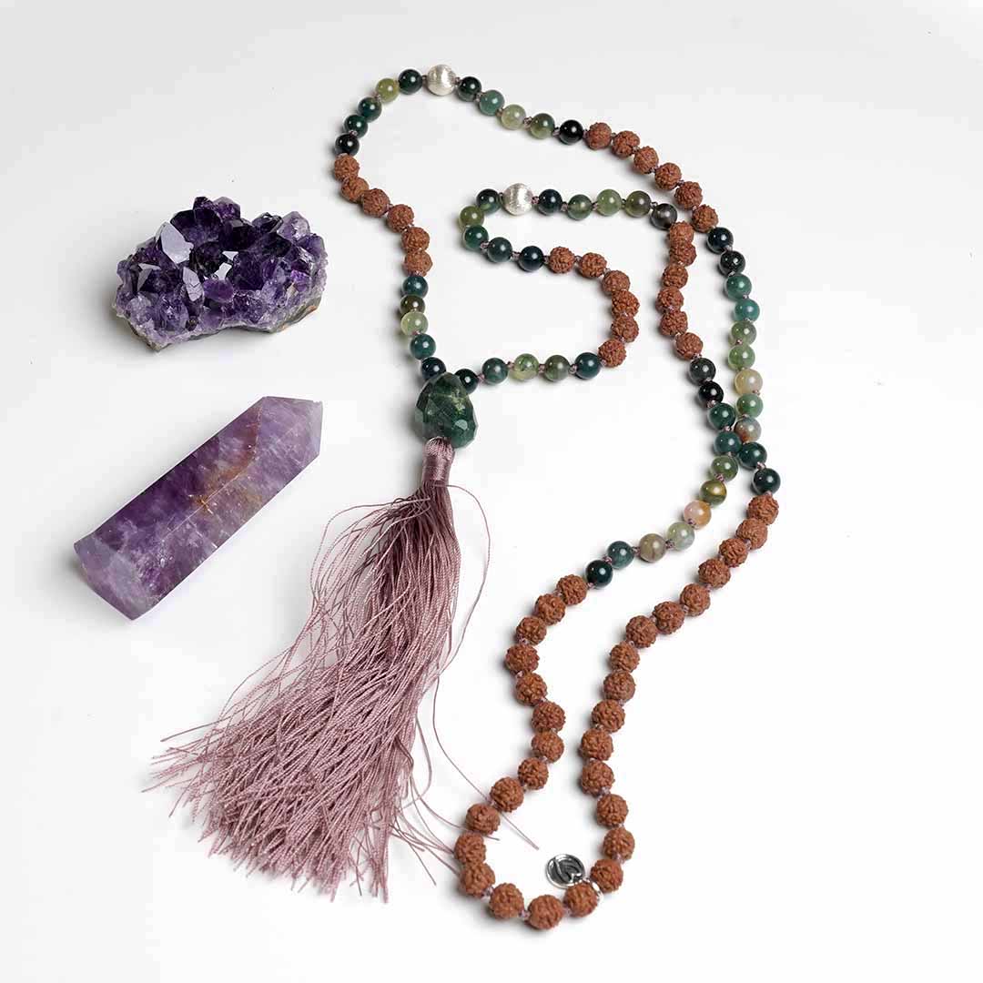 Green Vibrations Mala with Rudraksha beads, Green Agate and Silver