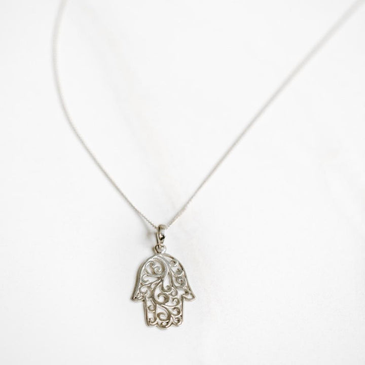 Hamsa Silver Necklace - Handmade in 925 Sterling Silver by Manipura Malas at