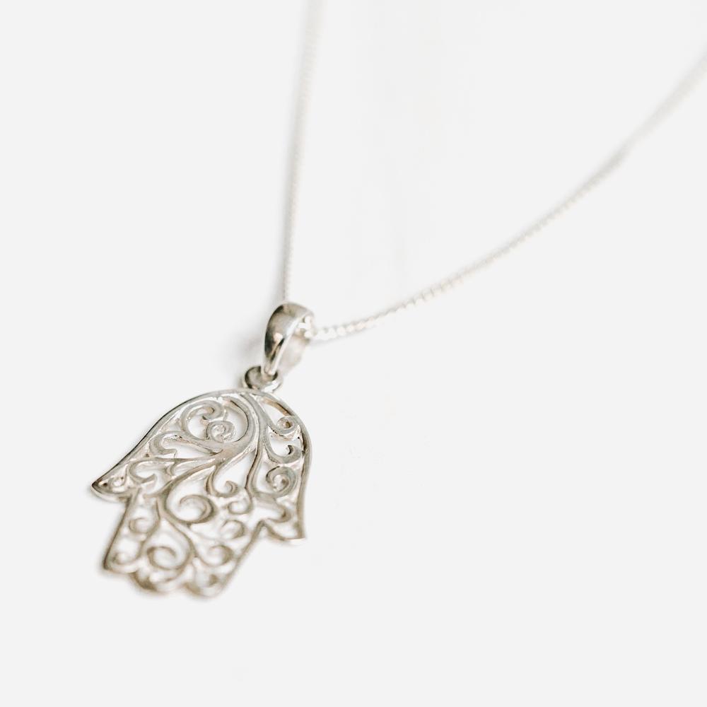 Hamsa Silver Necklace - Handmade in 925 Sterling Silver by Manipura Malas at