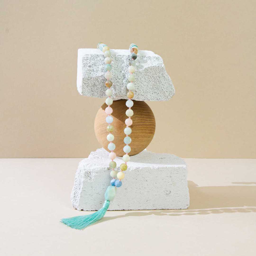 Mala Perlenkette für Kinder, handgefertigt mit Amazonit und Morganit