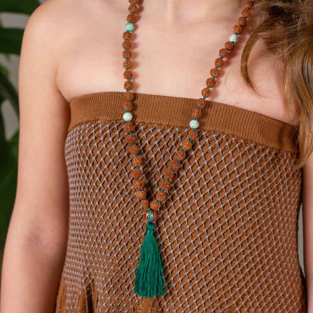 Kids Mala Beads Necklace Handmade with Rudraksha and Turquoise