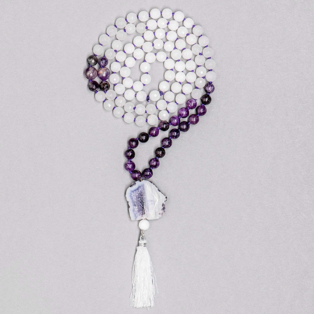 Clarity Gemstone Mala with White Jade, Amethyst and Agate Beads