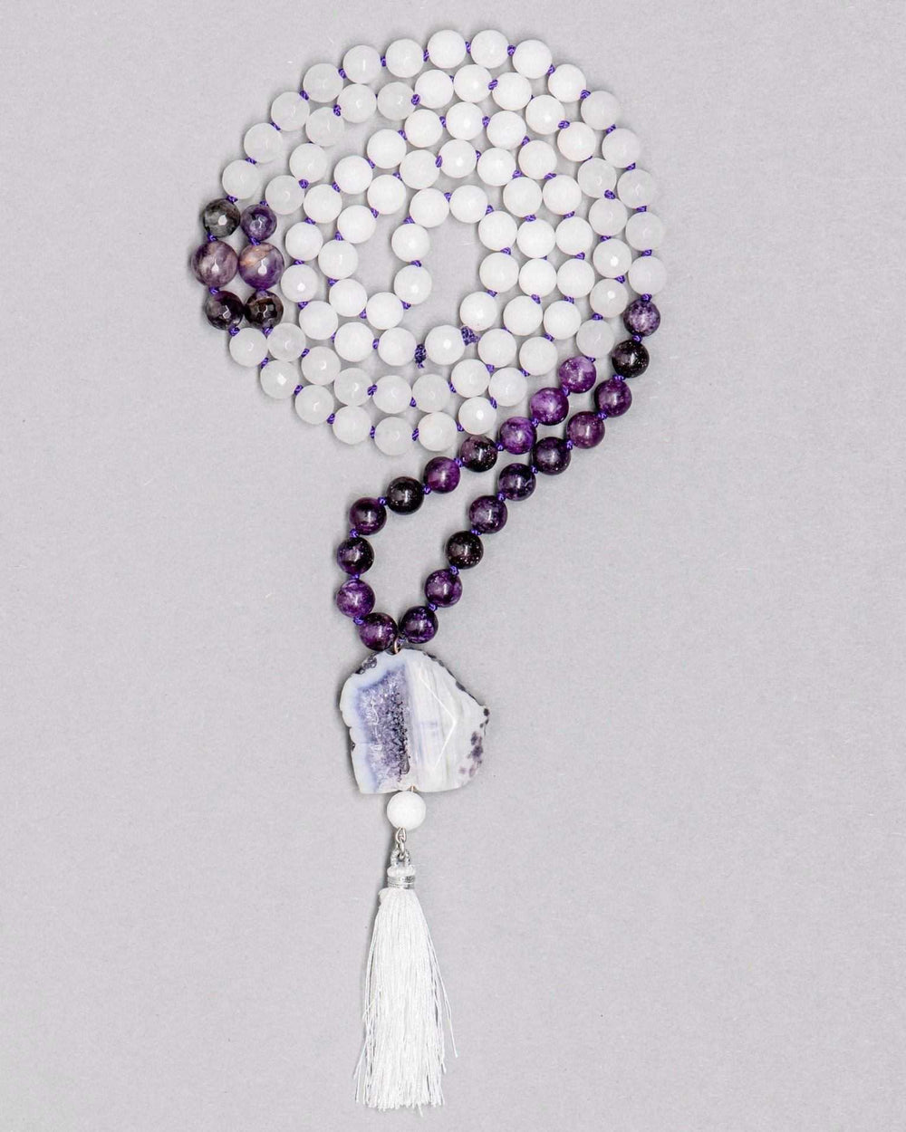 Clarity Gemstone Mala with White Jade, Amethyst and Agate Beads