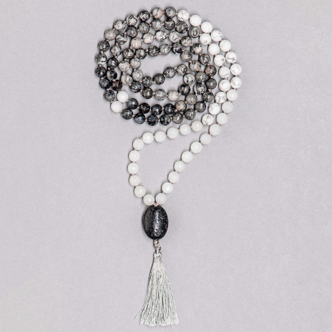 Emotional Stability Gemstone Mala Handmade with Jade, Howlite and Larvikite Beads