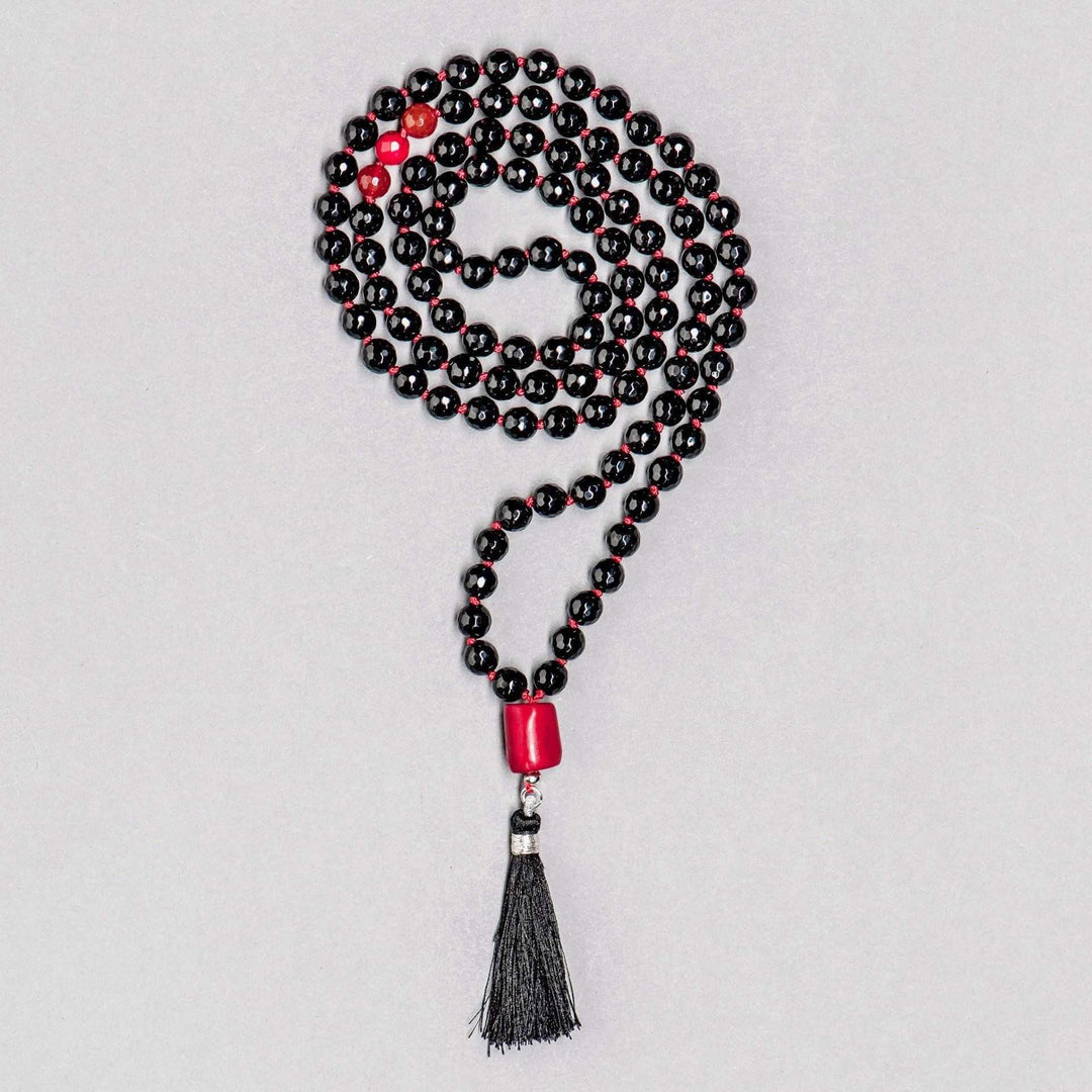 Earth connection Gemstone Mala with Black Onyx and Red Coral Beads