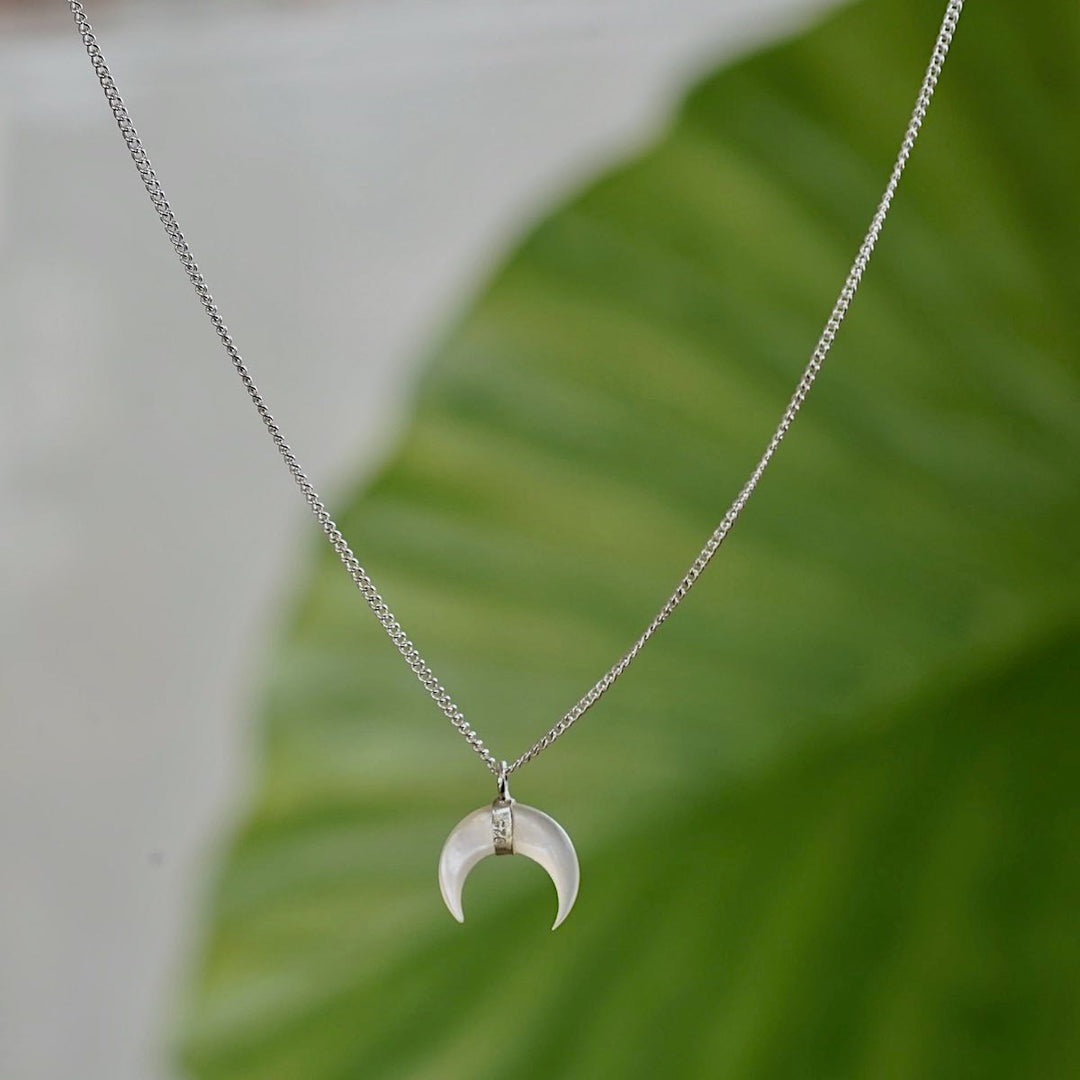 Inner Glow Silver Necklace with a Handmade Shell Moon Pendant