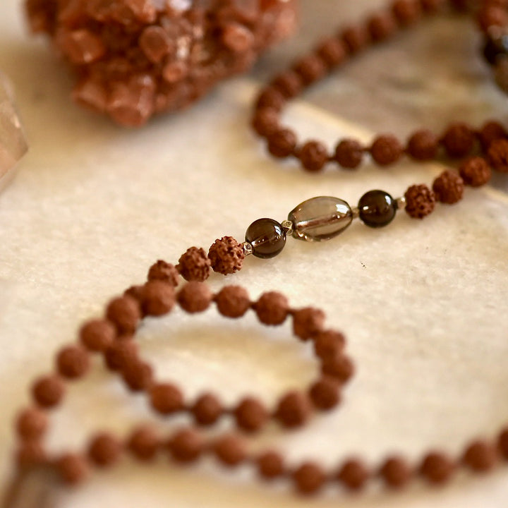 Rudraksha and Smokey Quartz mala 108 beads by Manipura details