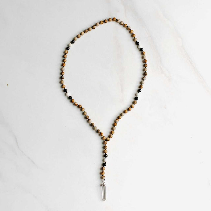 Natural Calm Tie Mala with Jasper and Crystal Pendant - Handmade with 108 Mala Beads by Manipura