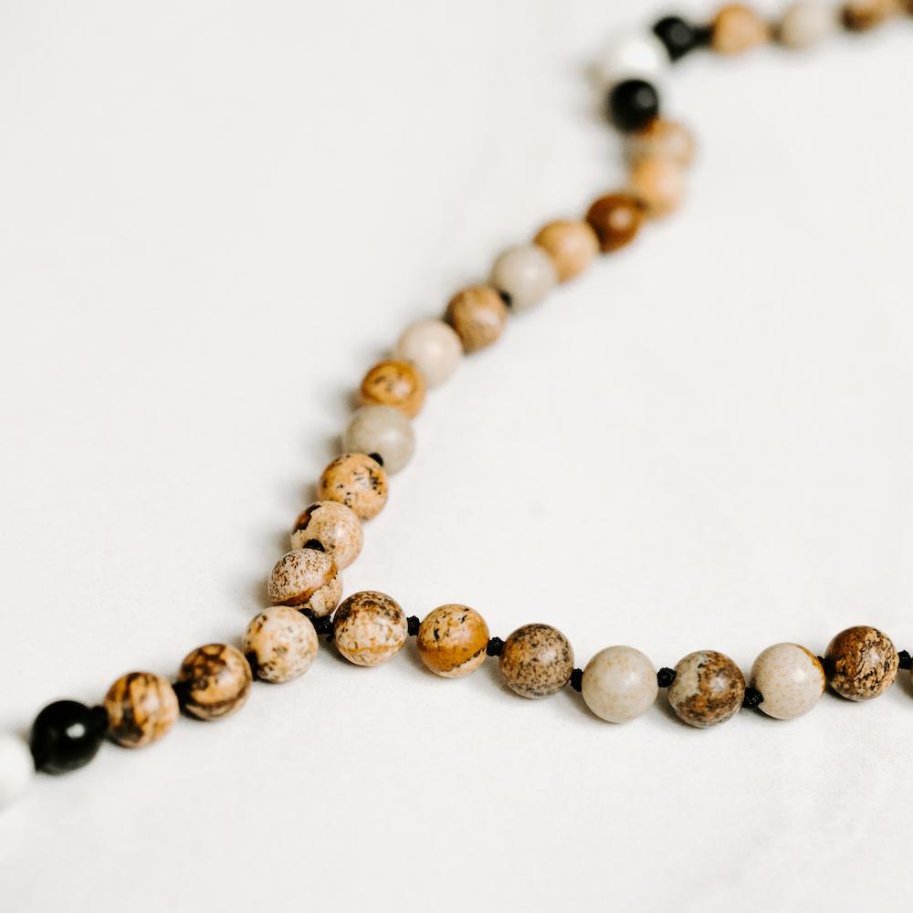 Natural Calm Tie Mala with Jasper and Crystal Pendant - Handmade with 108 Mala Beads by Manipura