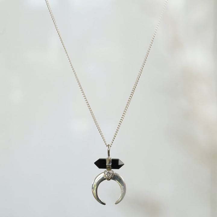 True Balance Moon Crescent Necklace with Obsidian and Sterling Silver