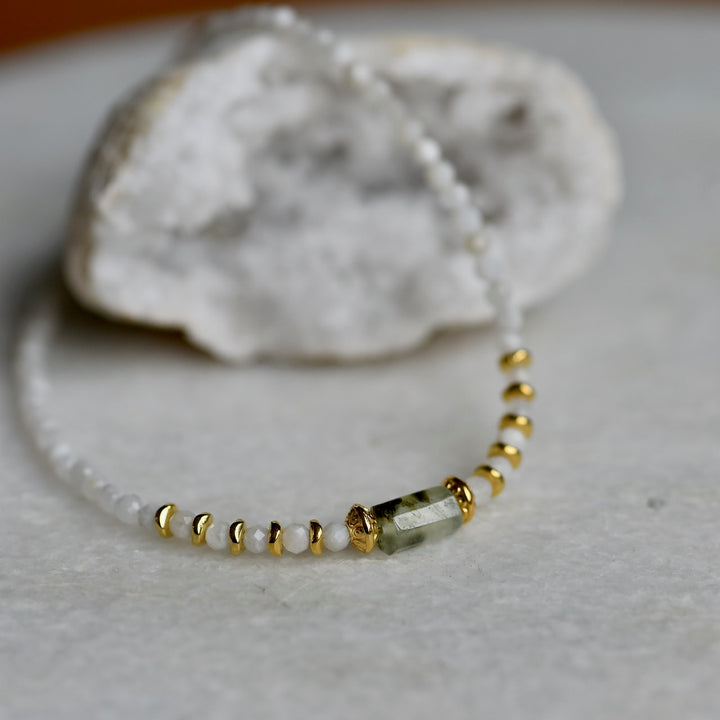 Natural Moonstone and Prehnite bead choker necklace Manipura