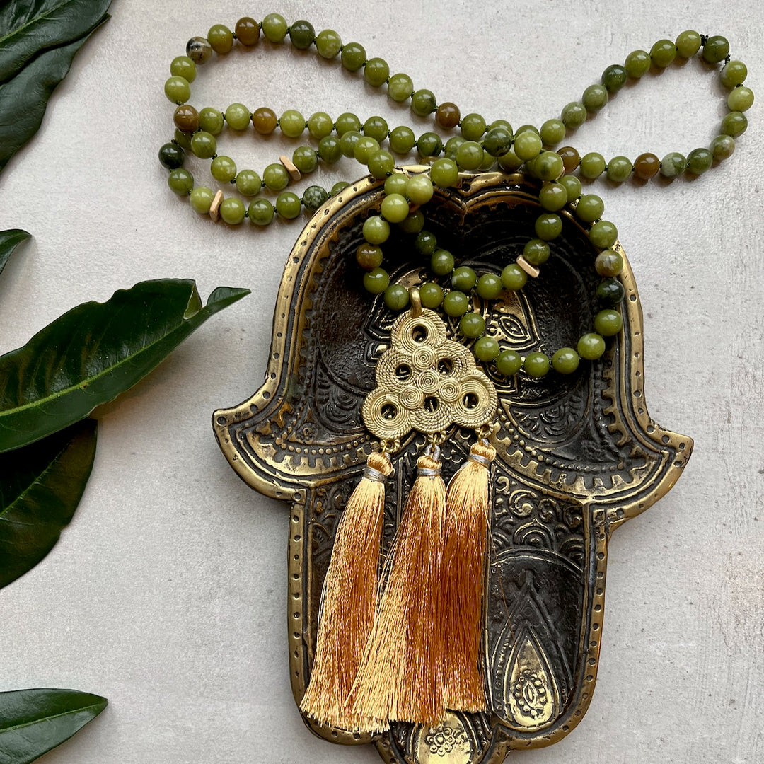 Green Jasper Mala with African Bronze pendant mala