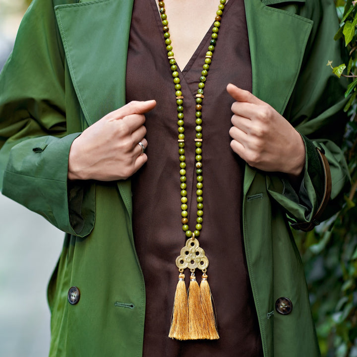 Gemstone mala beads necklace with Green Jasper